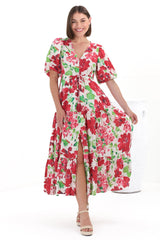 Marietta Maxi Dress - Buttoned Bodice A Line Dress With Short Balloon Sleeves in Primavera Print