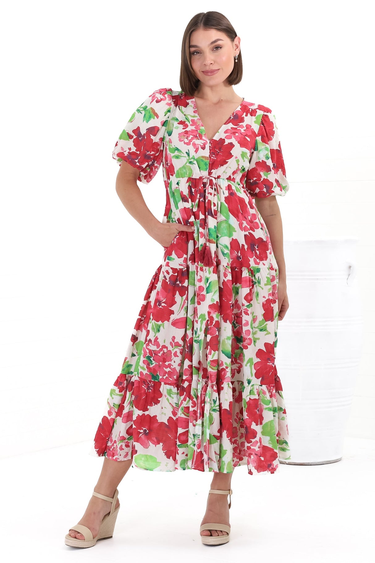 Marietta Maxi Dress - Buttoned Bodie A Line Dress With Short Balloon Sleeves in Primavera Print