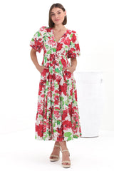 Marietta Maxi Dress - Buttoned Bodice A Line Dress With Short Balloon Sleeves in Primavera Print