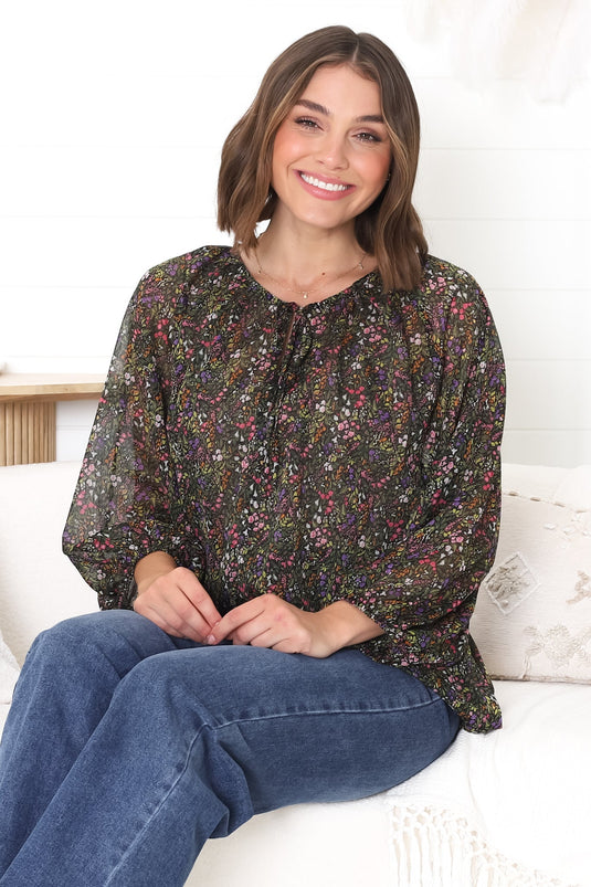 Marietta Top - Pull Over Plisse Blouse with Gold Tinsel Threading in Liz Print