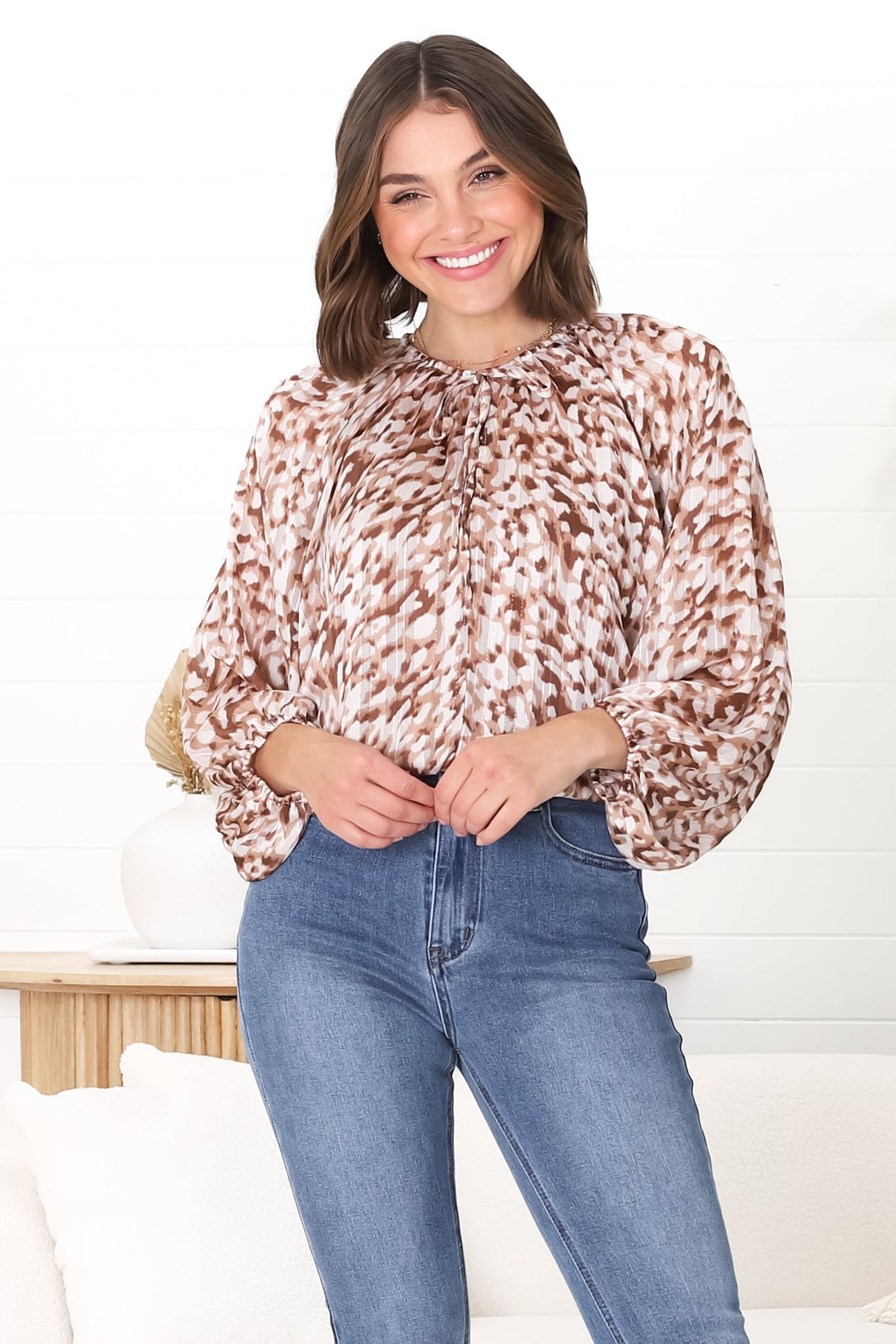 Marietta Top - Pull Over Plisse Blouse with Gold Tinsel Threading in Loma Print