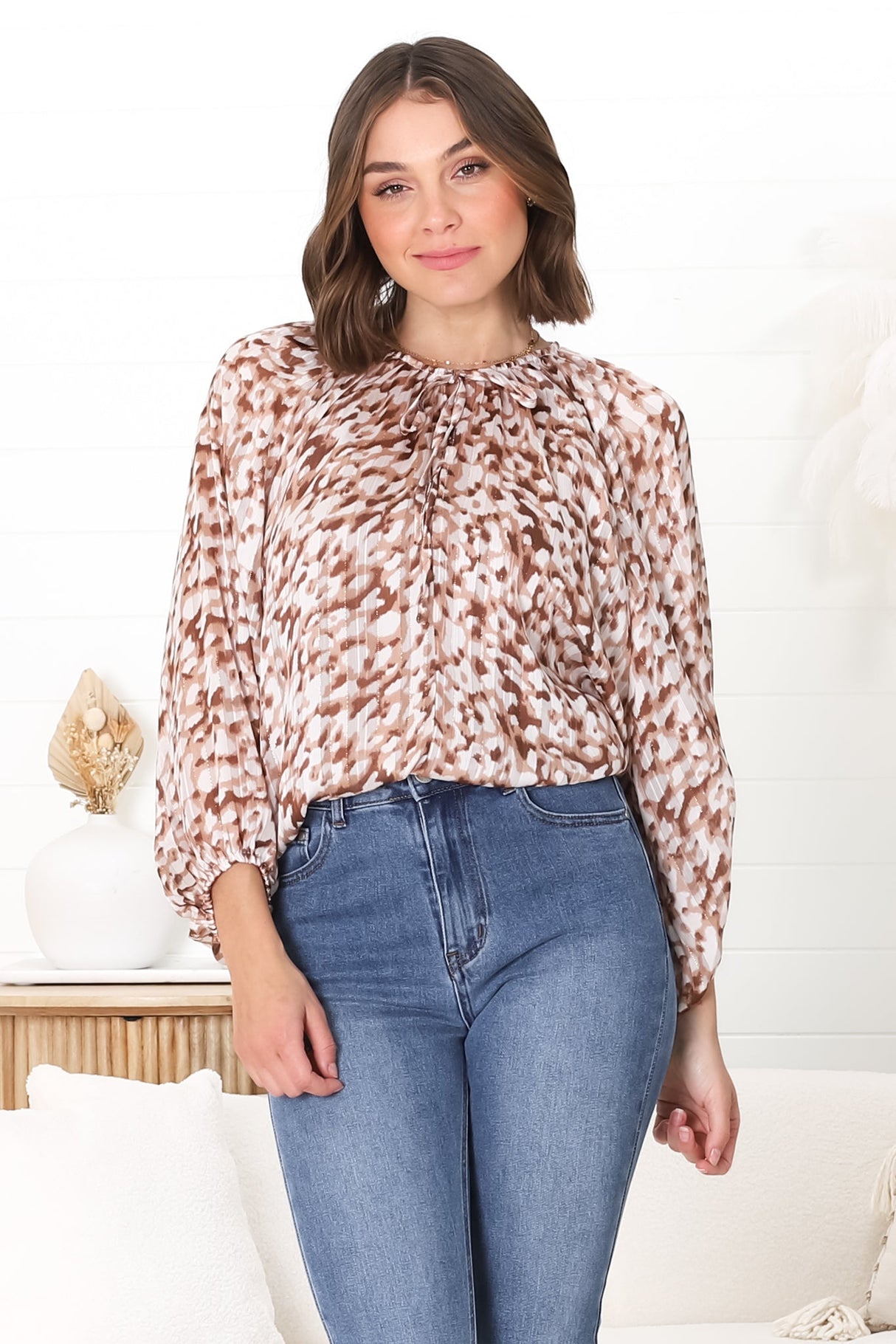 Marietta Top - Pull Over Plisse Blouse with Gold Tinsel Threading in Loma Print