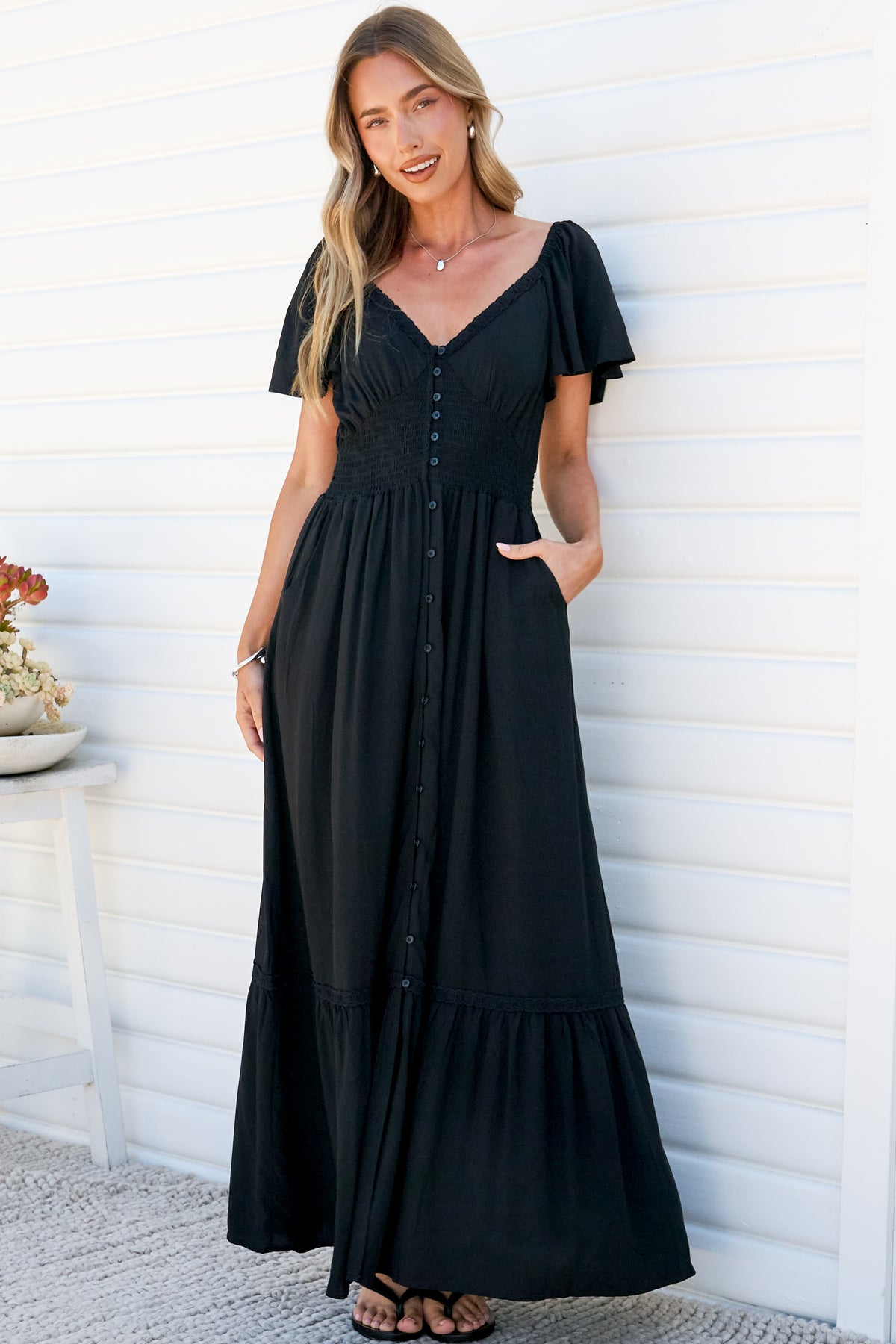 Marilyn Maxi Dress - On or Off Shoulder Button Front Dress with Flutter Sleeves and Pockets in Black