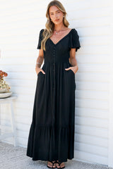 Marilyn Maxi Dress - On or Off Shoulder Button Front Dress with Flutter Sleeves and Pockets in Black