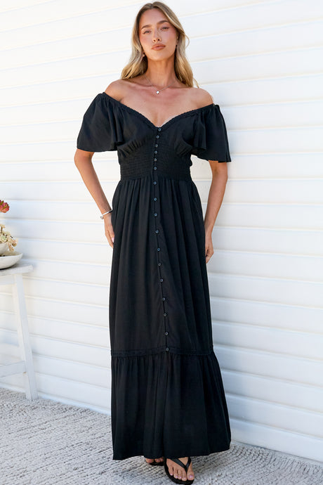 Marilyn Maxi Dress - On or Off Shoulder Button Front Dress with Flutter Sleeves and Pockets in Black