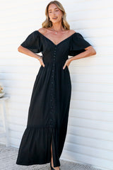 Marilyn Maxi Dress - On or Off Shoulder Button Front Dress with Flutter Sleeves and Pockets in Black