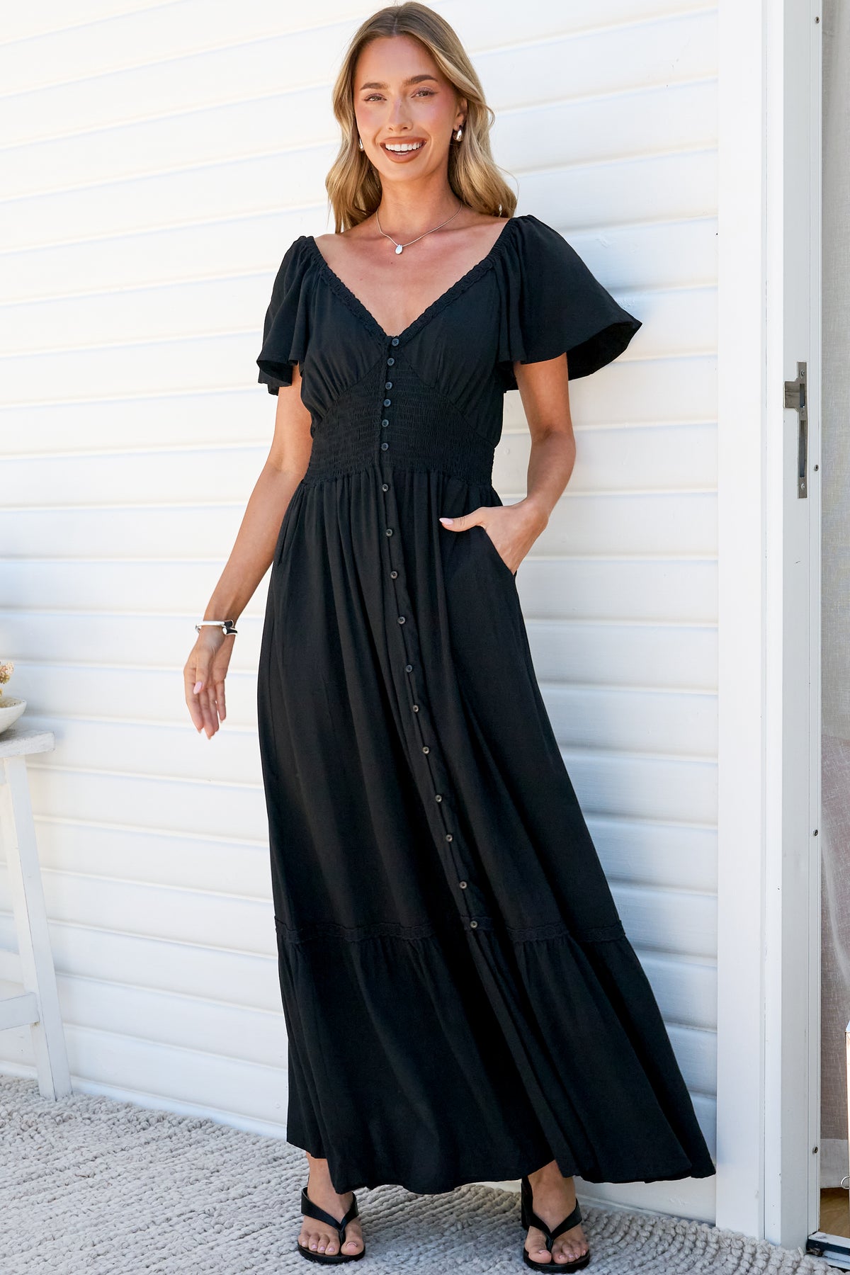 Marilyn Maxi Dress - On or Off Shoulder Button Front Dress with Flutter Sleeves and Pockets in Black