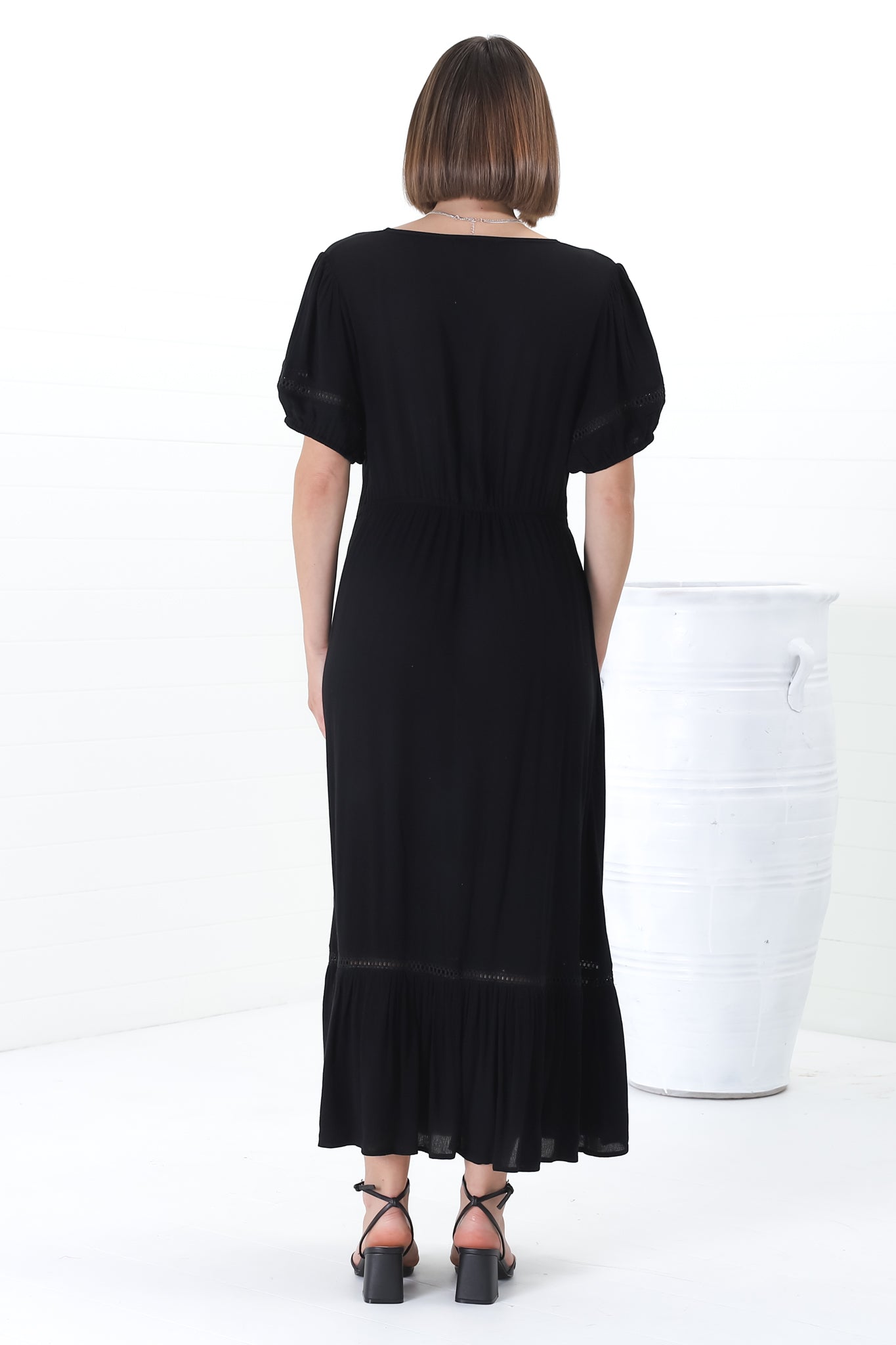 Marin Maxi Dress - Hollow-Out Lace Detailed Empire Waist Line Dress in Black