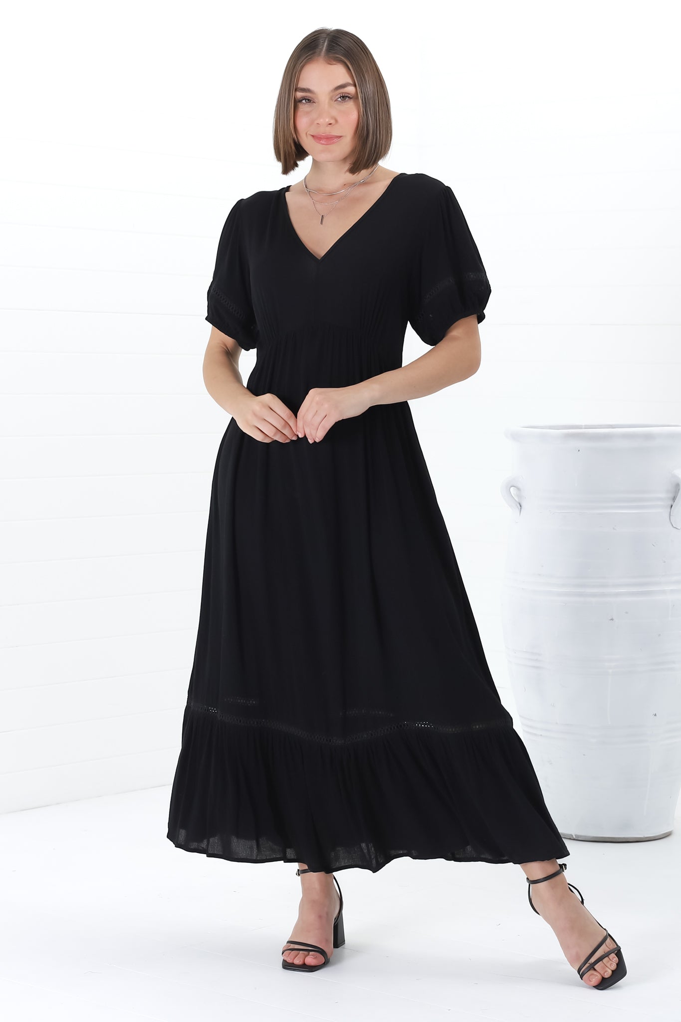 Marin Maxi Dress - Hollow-Out Lace Detailed Empire Waist Line Dress in Black