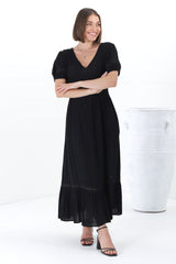 Marin Maxi Dress - Hollow-Out Lace Detailed Empire Waist Line Dress in Black