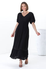 Marin Maxi Dress - Hollow-Out Lace Detailed Empire Waist Line Dress in Black