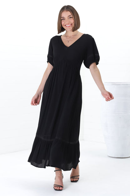 Marin Maxi Dress - Hollow-Out Lace Detailed Empire Waist Line Dress in Black