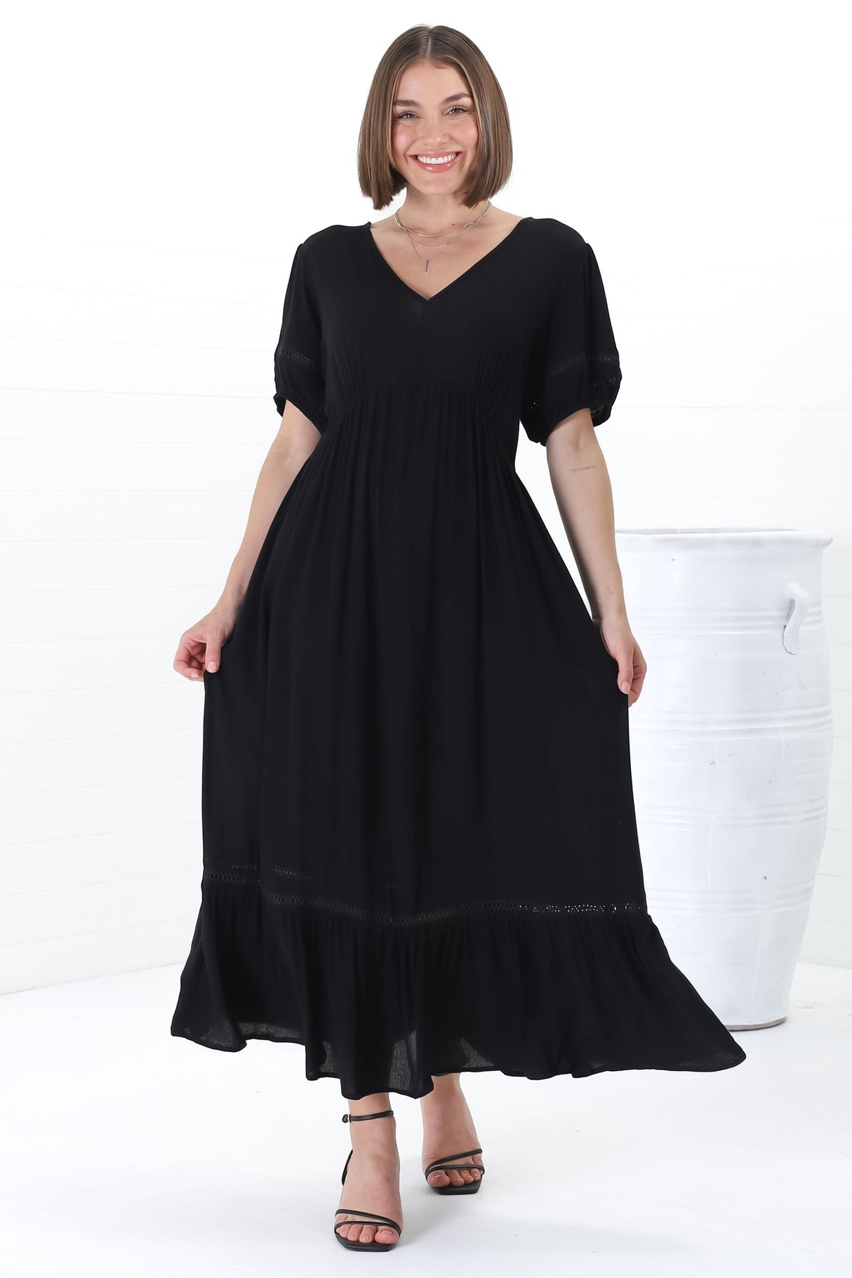 Marin Maxi Dress - Hollow-Out Lace Detailed Empire Waist Line Dress in Black