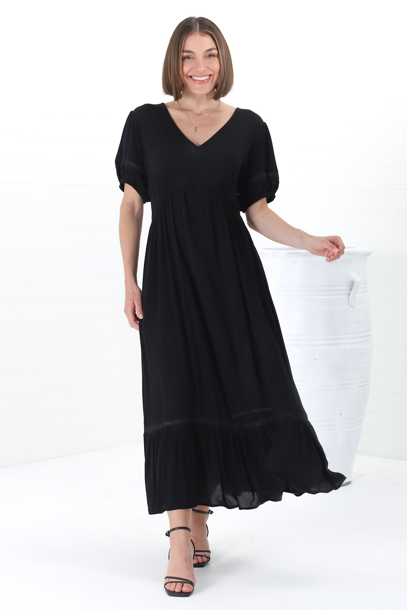 Marin Maxi Dress - Hollow-Out Lace Detailed Empire Waist Line Dress in Black