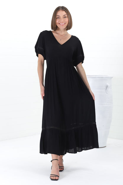 Marin Maxi Dress - Hollow-Out Lace Detailed Empire Waist Line Dress in Black