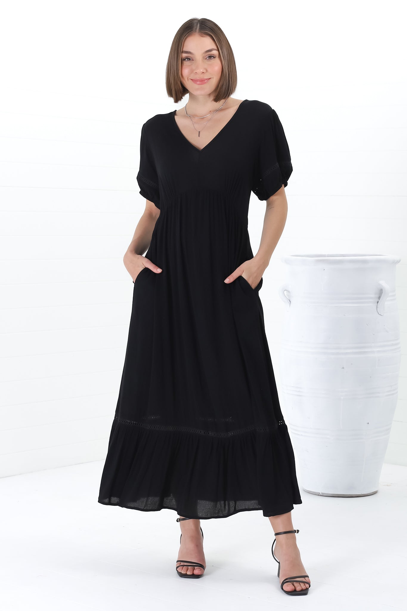 Marin Maxi Dress - Hollow-Out Lace Detailed Empire Waist Line Dress in Black