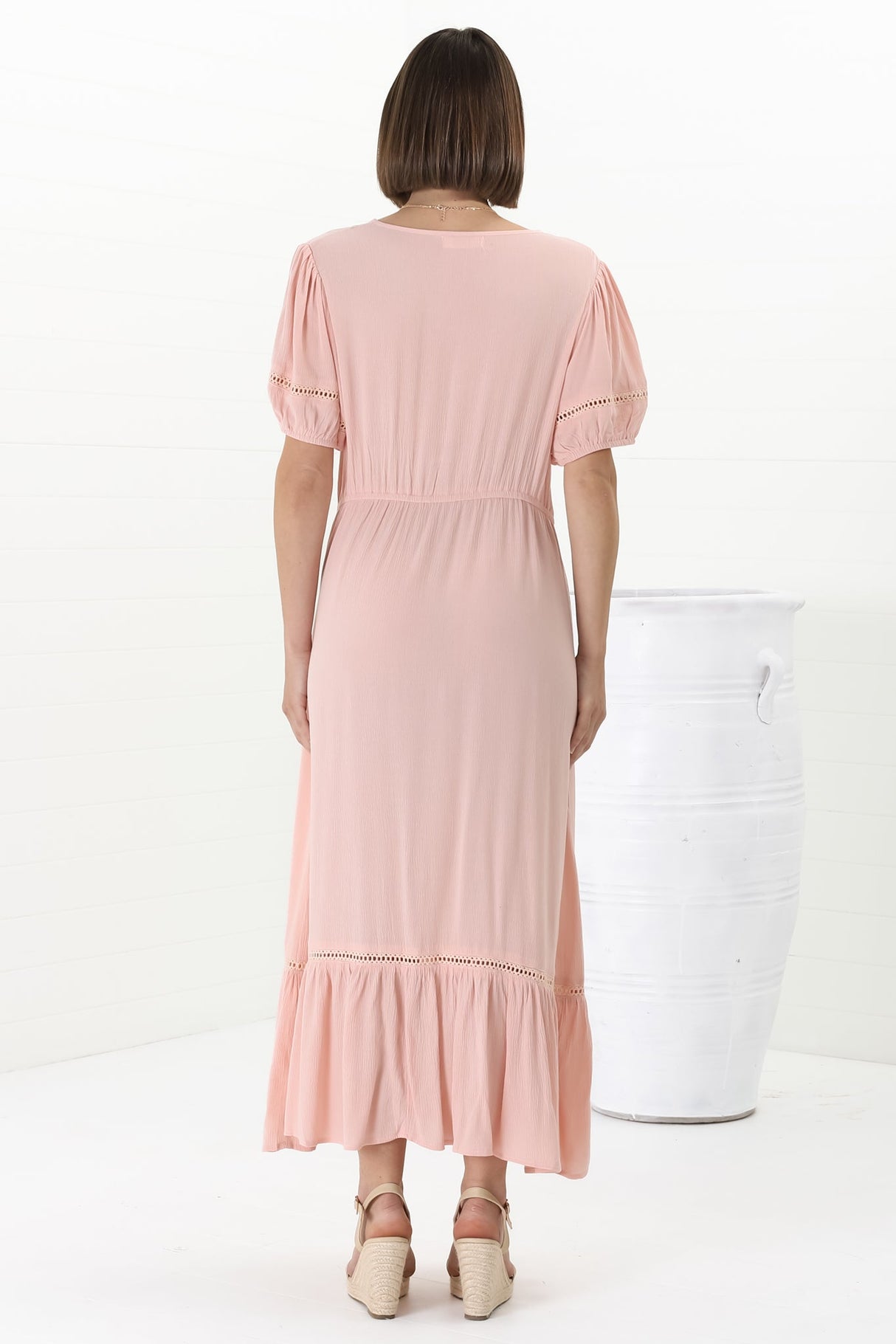 Marin Maxi Dress - Hollow-Out Lace Detailed Empire Waist Line Dress in Dusty Pink