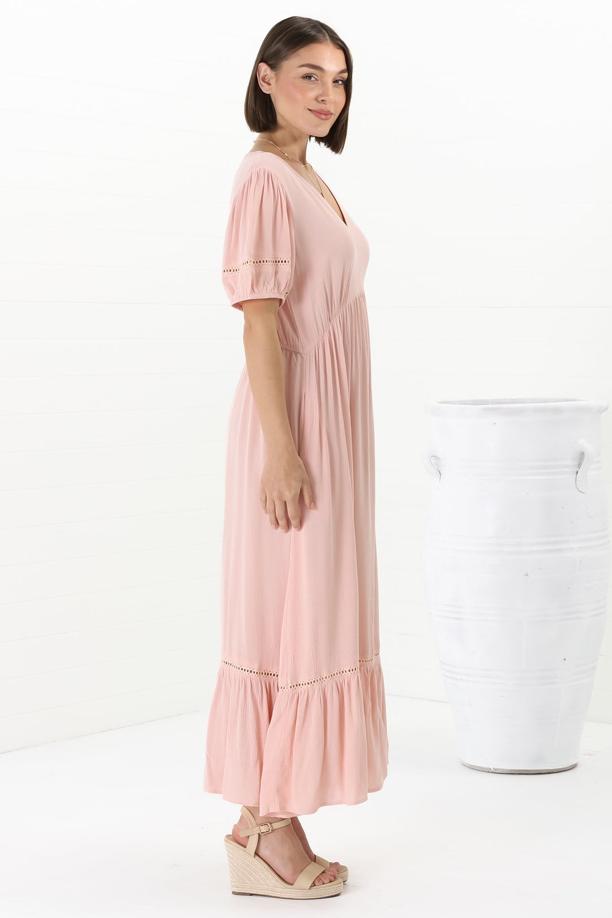 Marin Maxi Dress - Hollow-Out Lace Detailed Empire Waist Line Dress in Dusty Pink