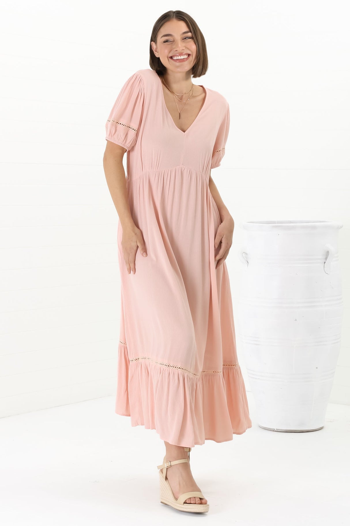 Marin Maxi Dress - Hollow-Out Lace Detailed Empire Waist Line Dress in Dusty Pink