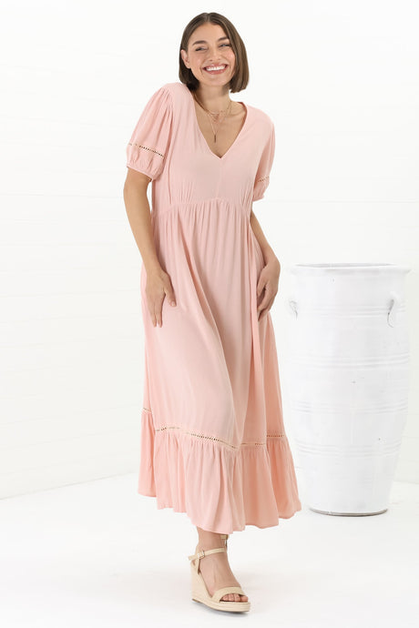 Marin Maxi Dress - Hollow-Out Lace Detailed Empire Waist Line Dress in Dusty Pink