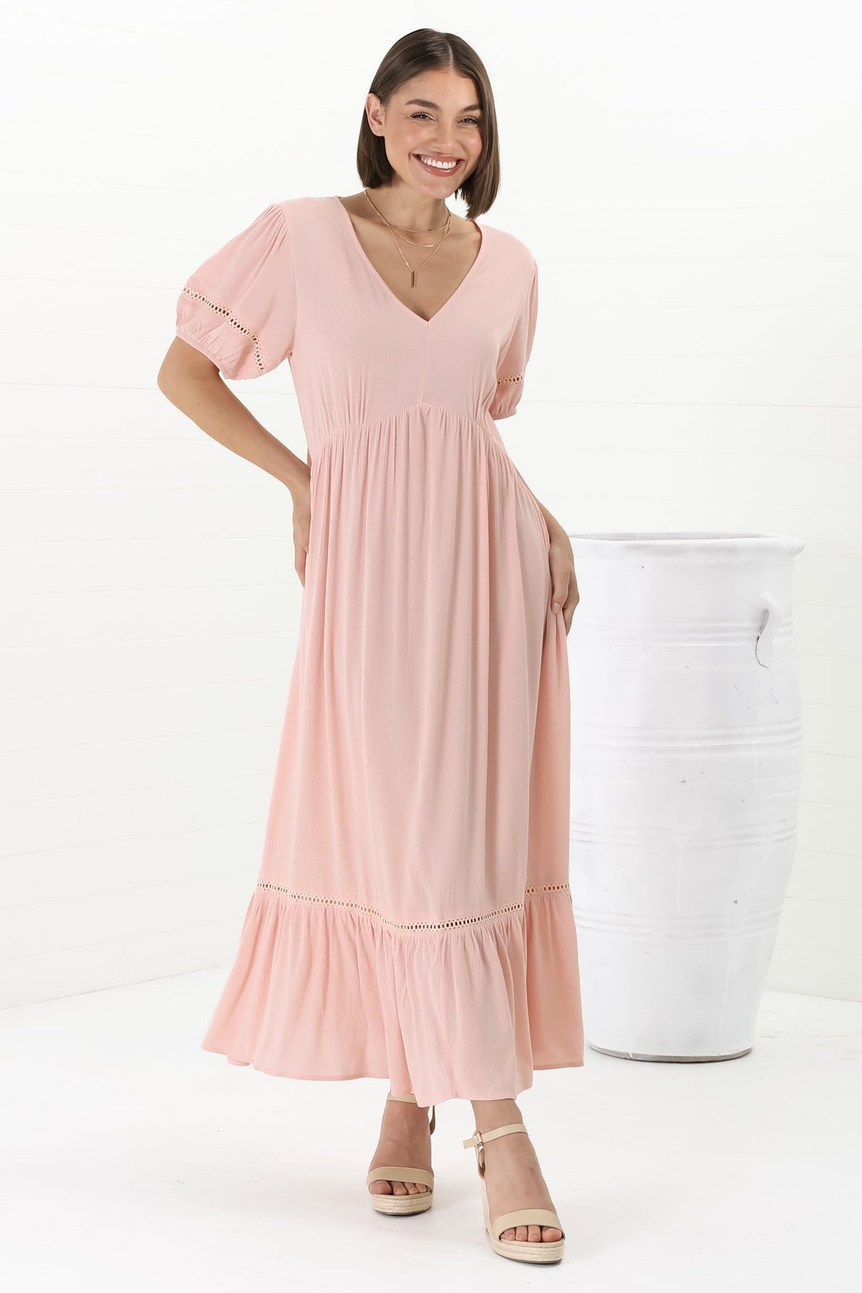 Marin Maxi Dress - Hollow-Out Lace Detailed Empire Waist Line Dress in Dusty Pink