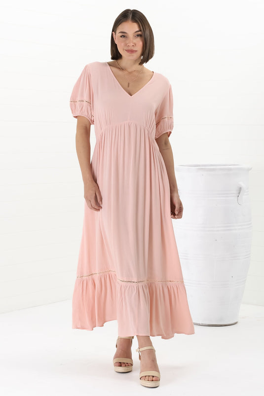 Marin Maxi Dress - Hollow-Out Lace Detailed Empire Waist Line Dress in Dusty Pink