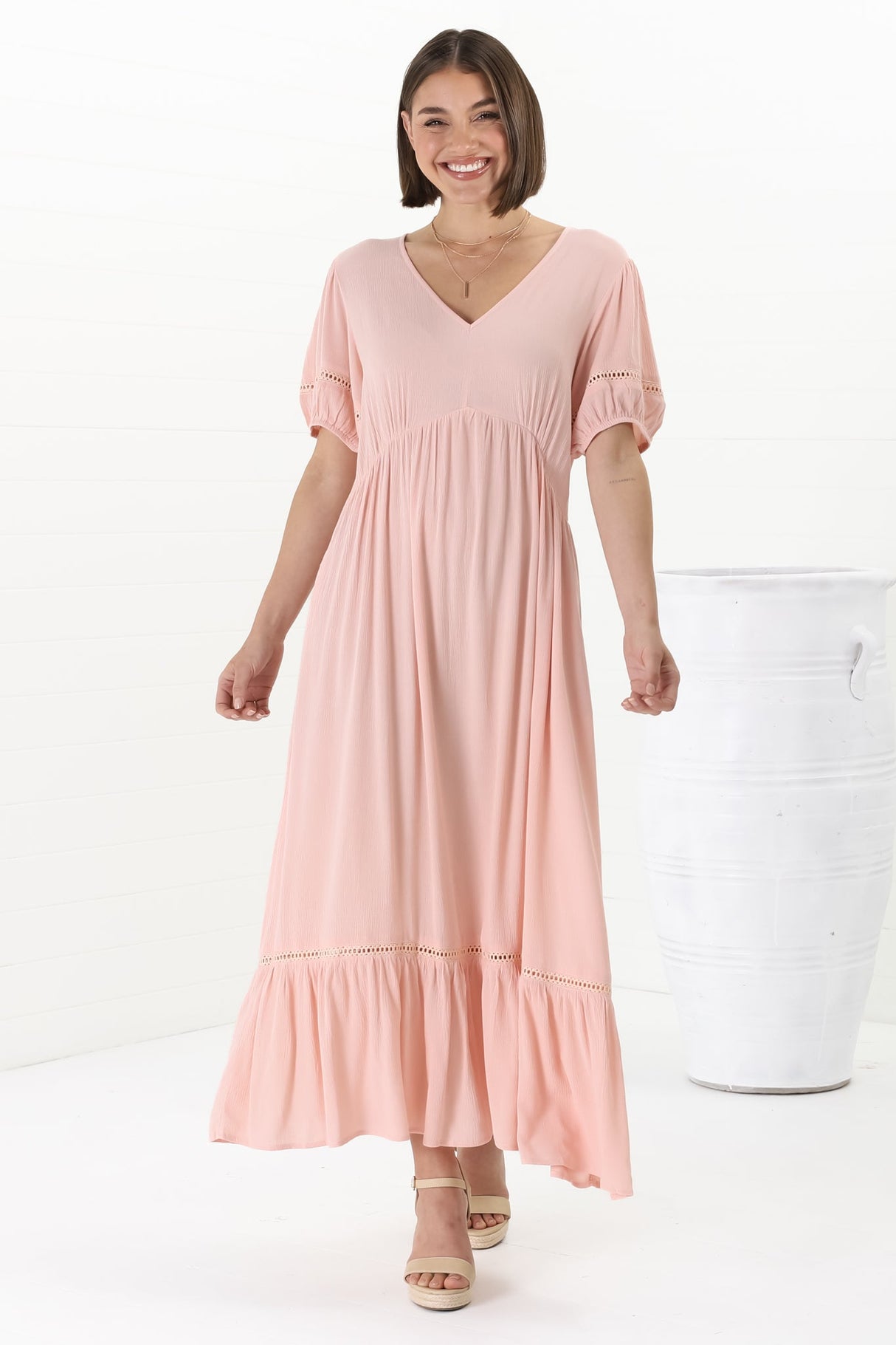 Marin Maxi Dress - Hollow-Out Lace Detailed Empire Waist Line Dress in Dusty Pink