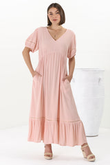 Marin Maxi Dress - Hollow-Out Lace Detailed Empire Waist Line Dress in Dusty Pink