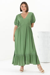 Marin Maxi Dress - Hollow-Out Lace Detailed Empire Waist Line Dress in Khaki