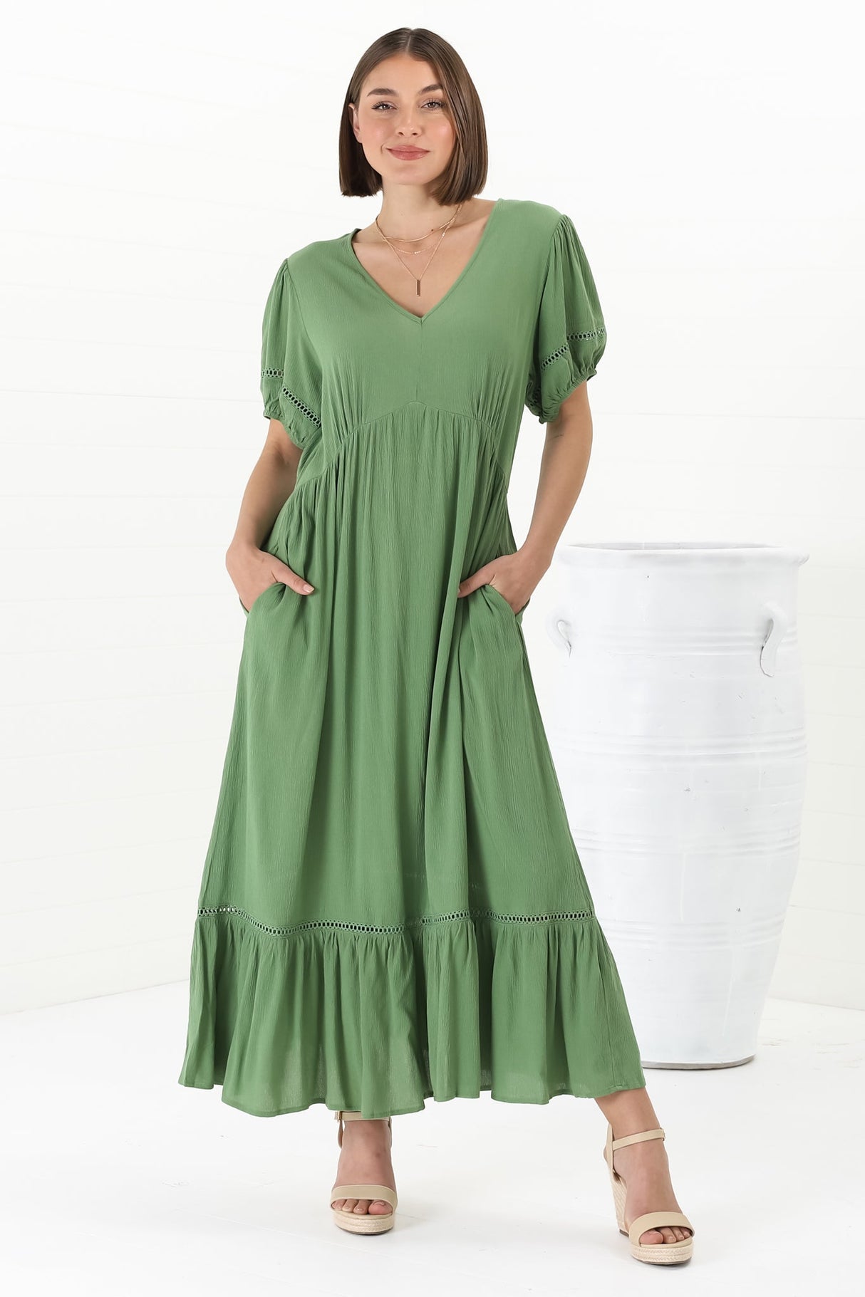 Marin Maxi Dress - Hollow-Out Lace Detailed Empire Waist Line Dress in Khaki