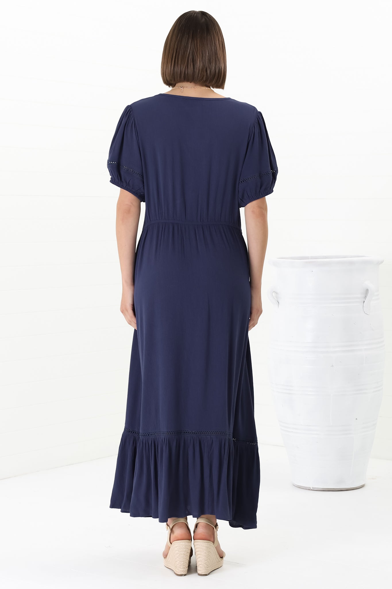 Marin Maxi Dress - Hollow-Out Lace Detailed Empire Waist Line Dress in Navy