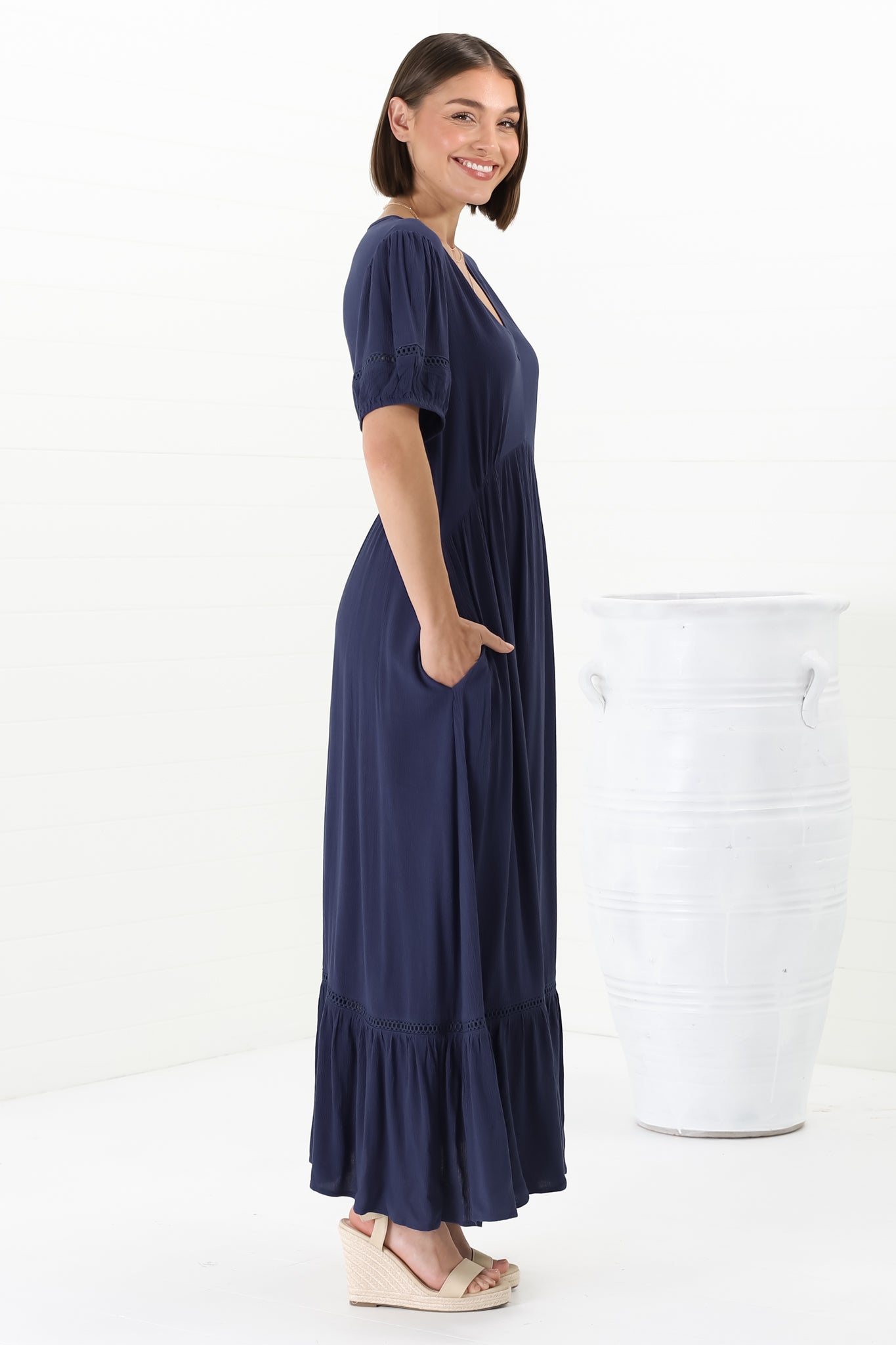 Marin Maxi Dress - Hollow-Out Lace Detailed Empire Waist Line Dress in Navy