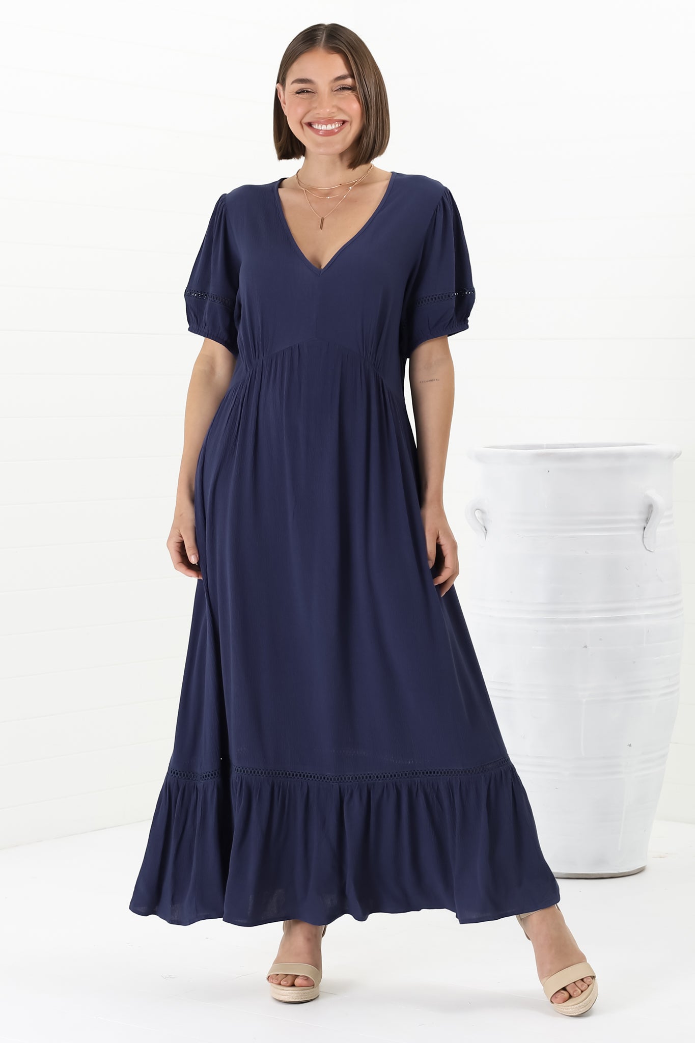 Marin Maxi Dress - Hollow-Out Lace Detailed Empire Waist Line Dress in Navy