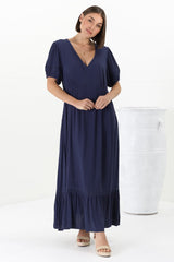 Marin Maxi Dress - Hollow-Out Lace Detailed Empire Waist Line Dress in Navy