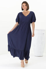 Marin Maxi Dress - Hollow-Out Lace Detailed Empire Waist Line Dress in Navy