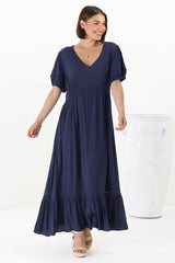 Marin Maxi Dress - Hollow-Out Lace Detailed Empire Waist Line Dress in Navy