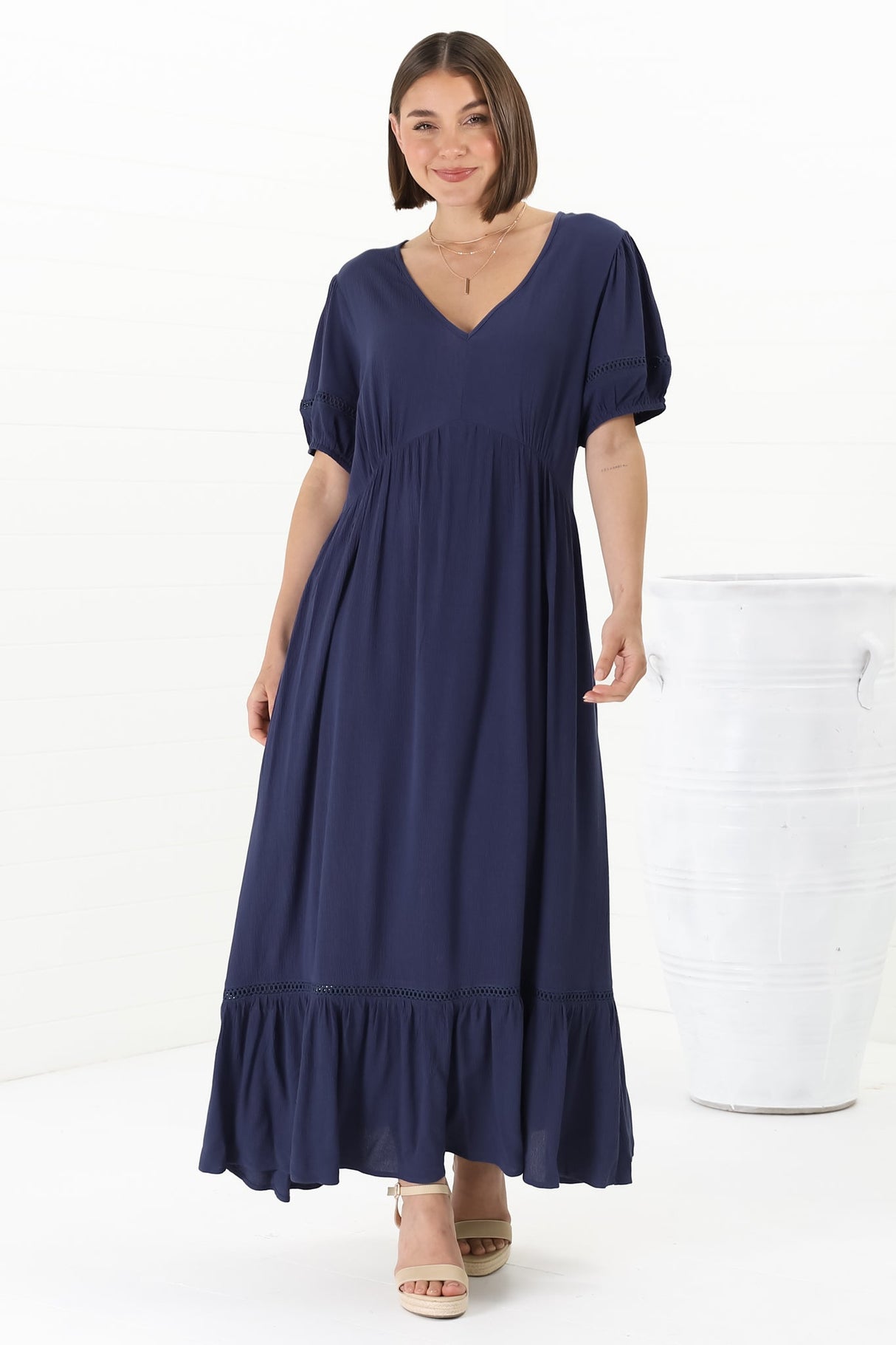 Marin Maxi Dress - Hollow-Out Lace Detailed Empire Waist Line Dress in Navy