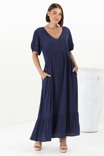 Marin Maxi Dress - Hollow-Out Lace Detailed Empire Waist Line Dress in Navy