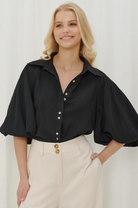 Marina Blouse - Double Folded Collar Oversized Billow Sleeve Button Down in Black