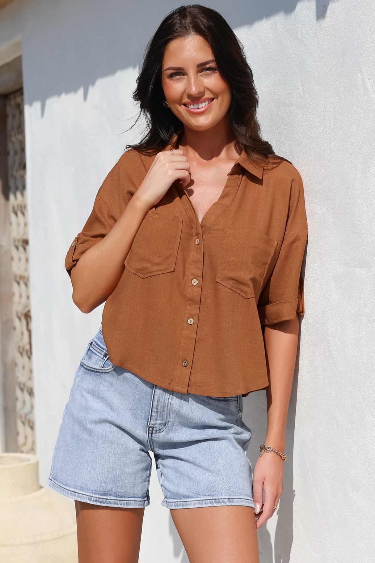 Marion Shirt - Collared Buttoned Down Shirt with Pockets in Rust