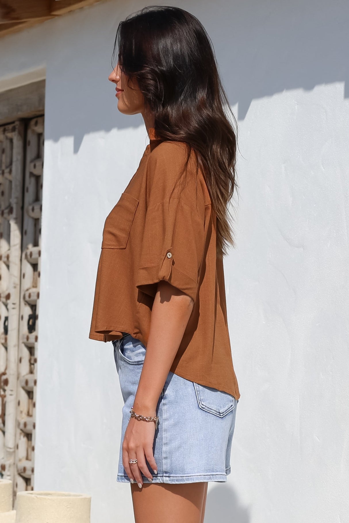 Marion Shirt - Collared Buttoned Down Shirt with Pockets in Rust