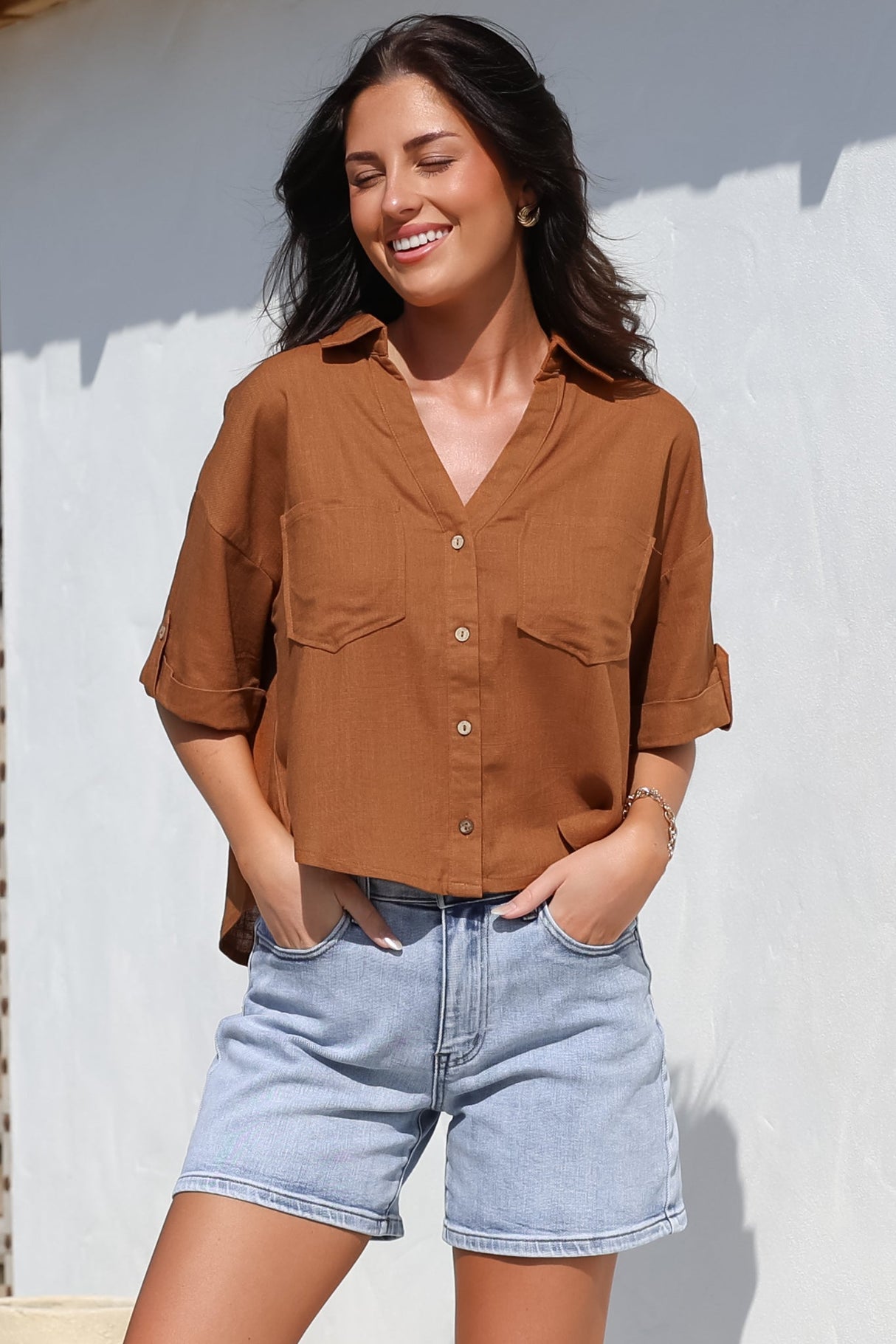 Marion Shirt - Collared Buttoned Down Shirt with Pockets in Rust