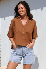 Marion Shirt - Collared Buttoned Down Shirt with Pockets in Rust