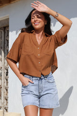 Marion Shirt - Collared Buttoned Down Shirt with Pockets in Rust