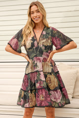 Marion Mini Dress - Lace Trim Tiered Dress with Flutter Sleeves in Annalisa Print