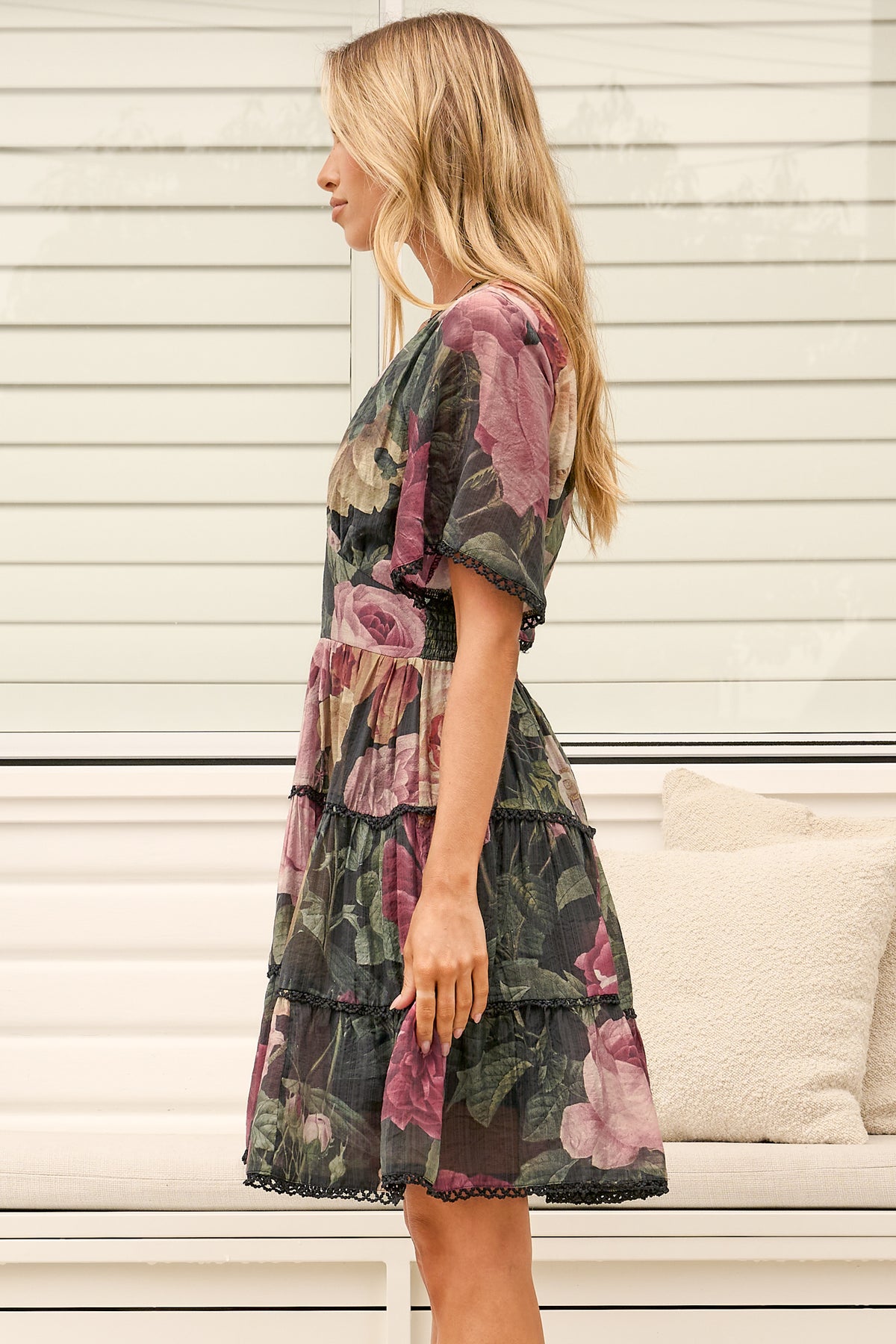 Marion Mini Dress - Lace Trim Tiered Dress with Flutter Sleeves in Annalisa Print