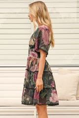 Marion Mini Dress - Lace Trim Tiered Dress with Flutter Sleeves in Annalisa Print