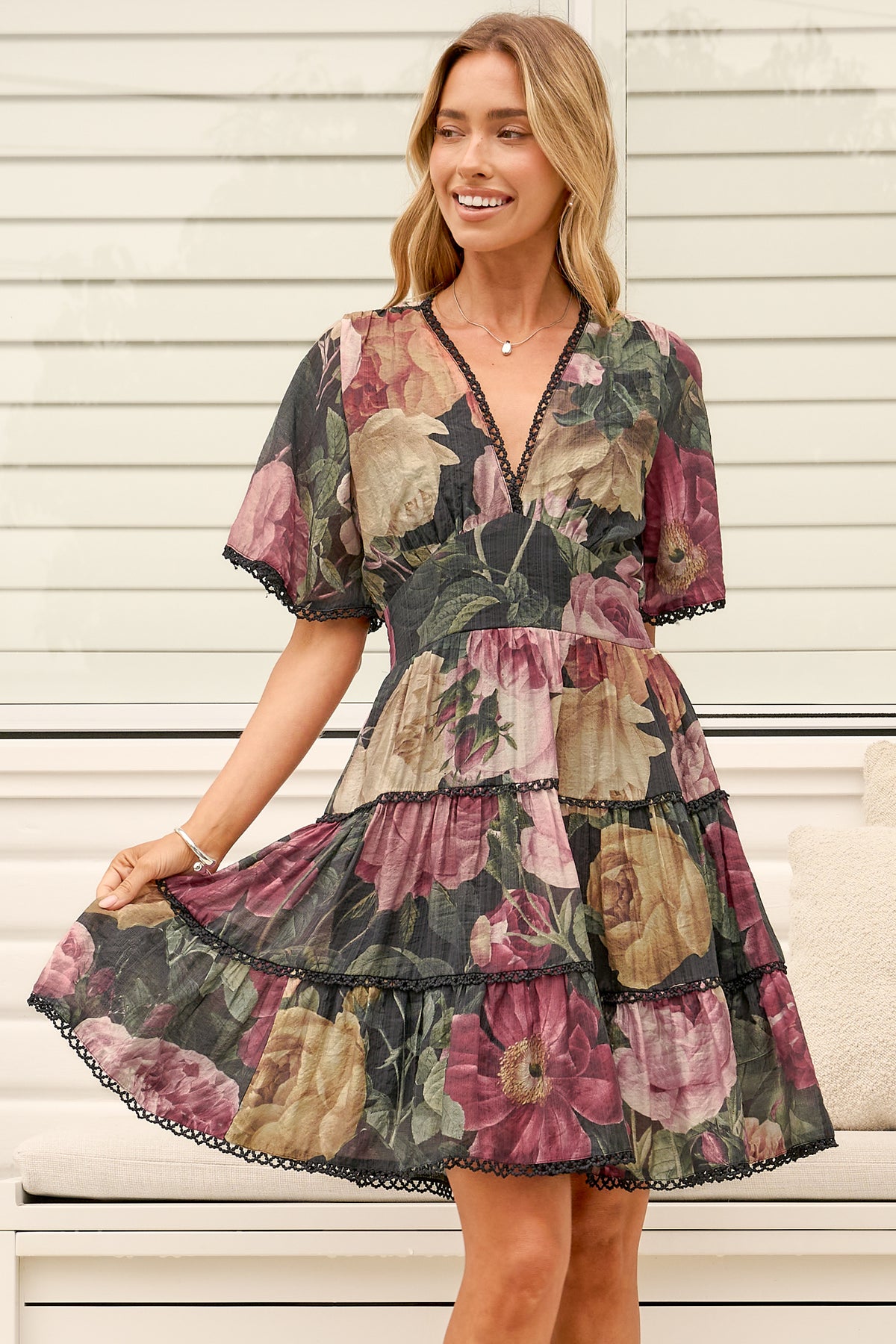 Marion Mini Dress - Lace Trim Tiered Dress with Flutter Sleeves in Annalisa Print