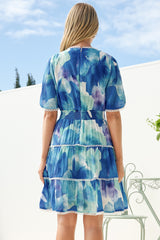 Marion Mini Dress - Lace Trim Tiered Dress with Flutter Sleeves in Aurea Print
