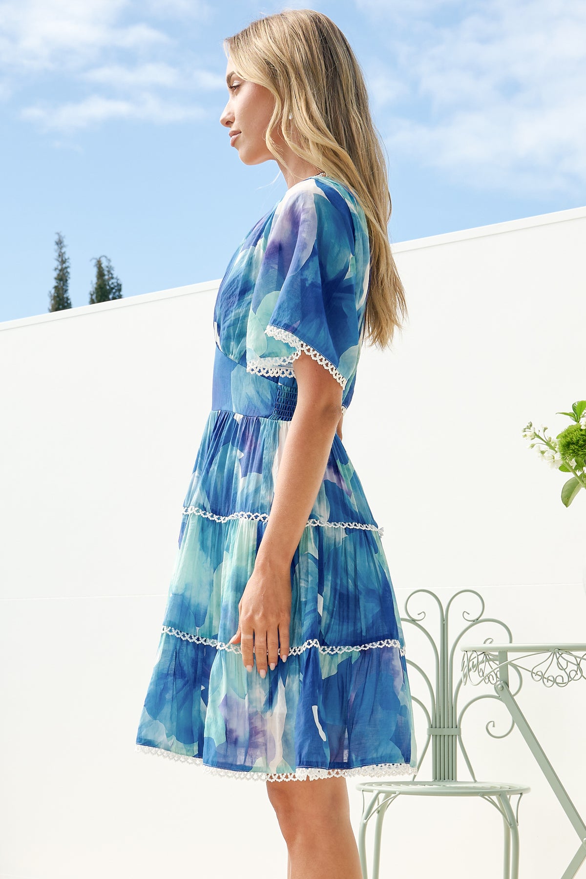 Marion Mini Dress - Lace Trim Tiered Dress with Flutter Sleeves in Aurea Print